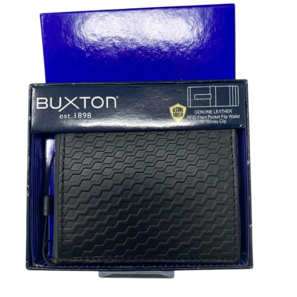 NIB Buxton Bellamy Black Leather Textured Design RFID Front Pocket Flip Wallet